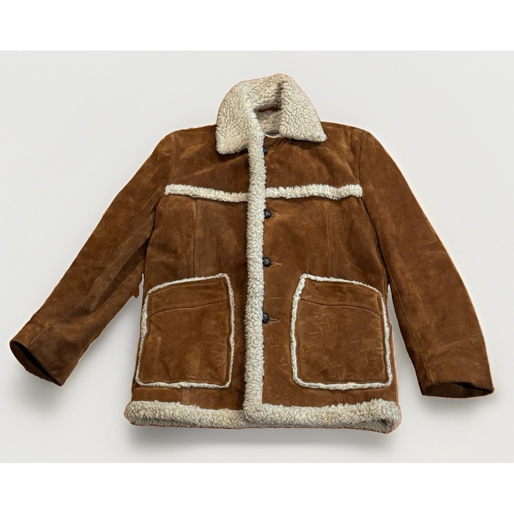 Vintage 60s Western Leather Mackinaw Ranch Coat 38 Marlboro Man Faux Shearling